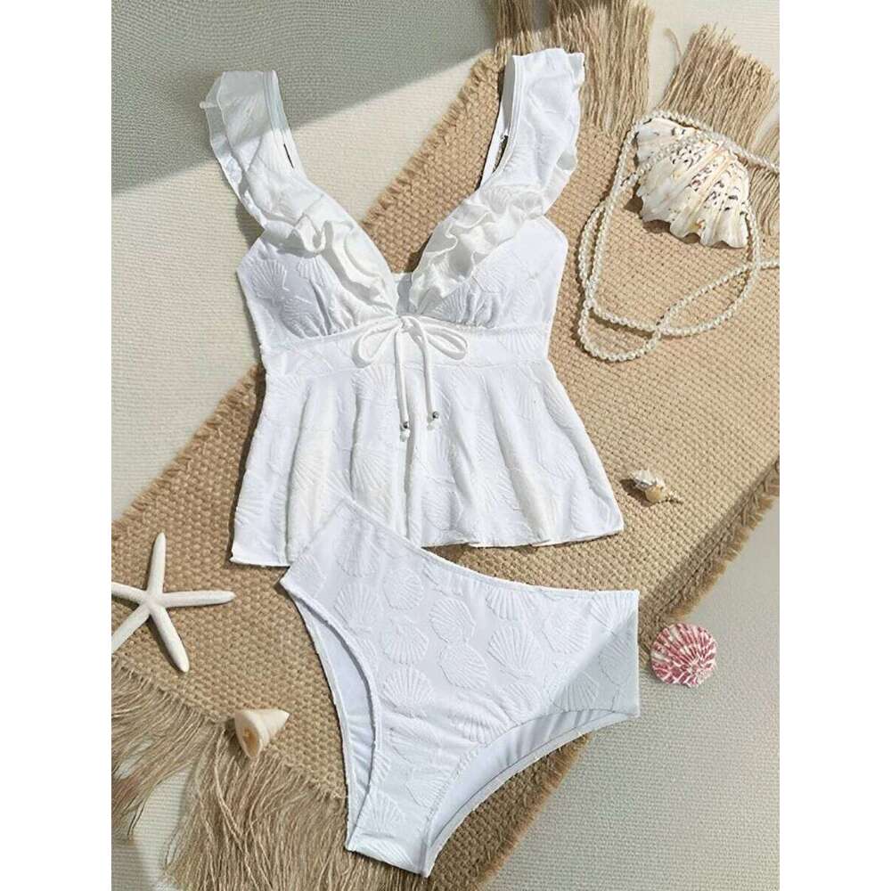 2026 Ruffle Tankini Two Pieces Solid Swimsuit Women Shell White Swimwear Female Bathers Bathing Swimming Swim Suit Beachwear 26H0313