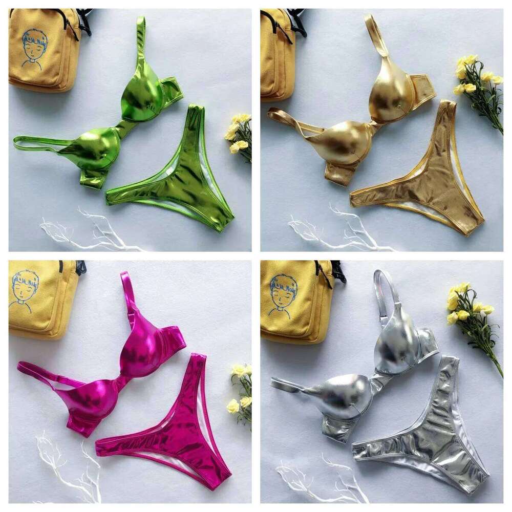 Metallic Summer Push Up Padded Bra Bathing Suit Beach Wear Women Sexy Thong Bikini Set Silver Gold Dropshipping Biquini Swimwear Y260303