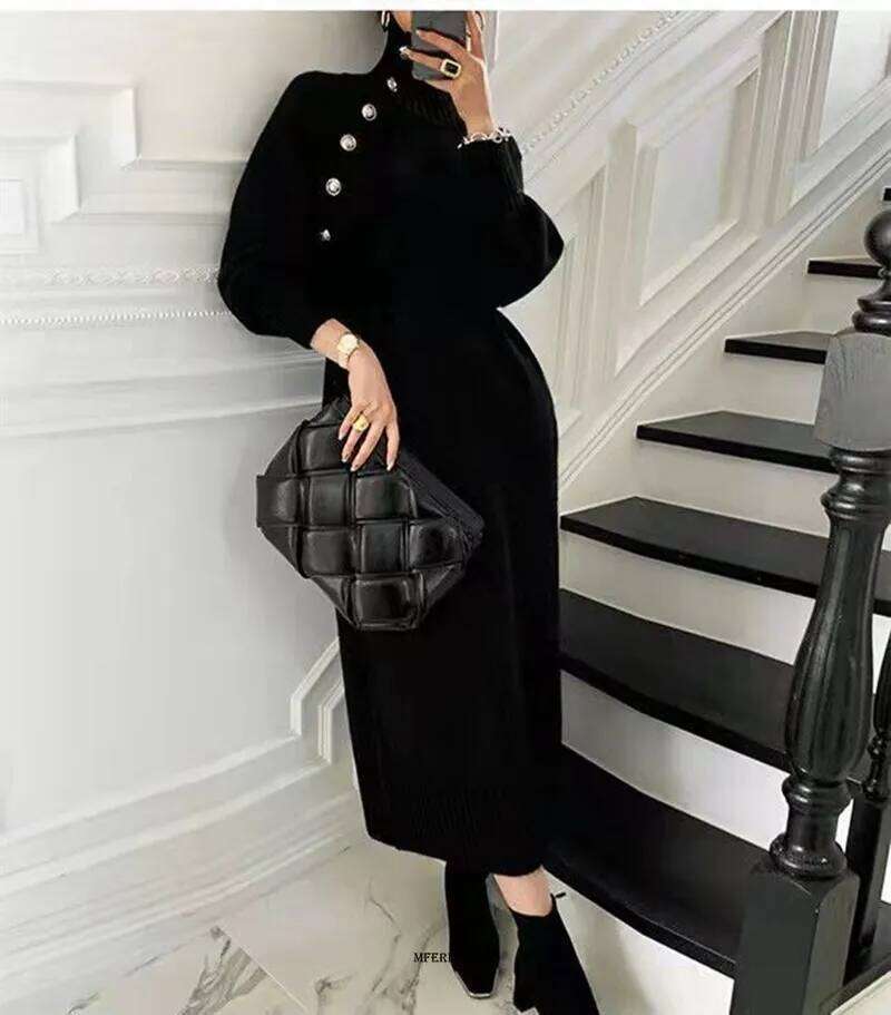 Plus Size 5XL 150KG Women Autumn Winter Knitted Turtleneck Sexy High Elastic Oversized Sweater knit Warm Long Dress Z260313