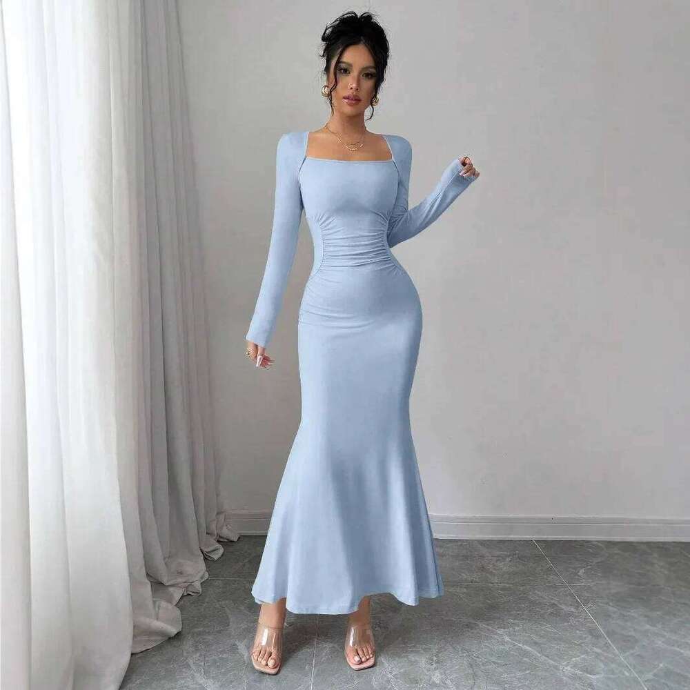 Elegant Long Sleeve Fish Tail Dress Women's Fashionable Slim Fit Sexy Gown Full Length Ankle Skirt Regular Waistline