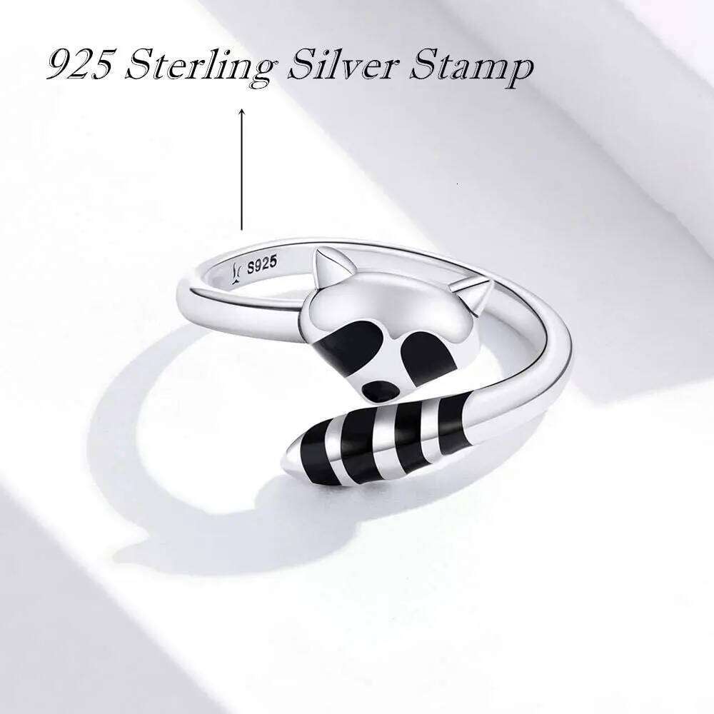 BAMOER Authentic 925 Sterling Silver Black Enamel Raccoon Finger Rings for Women Adjustable Free Size Fine Jewelry SCR652 H260312