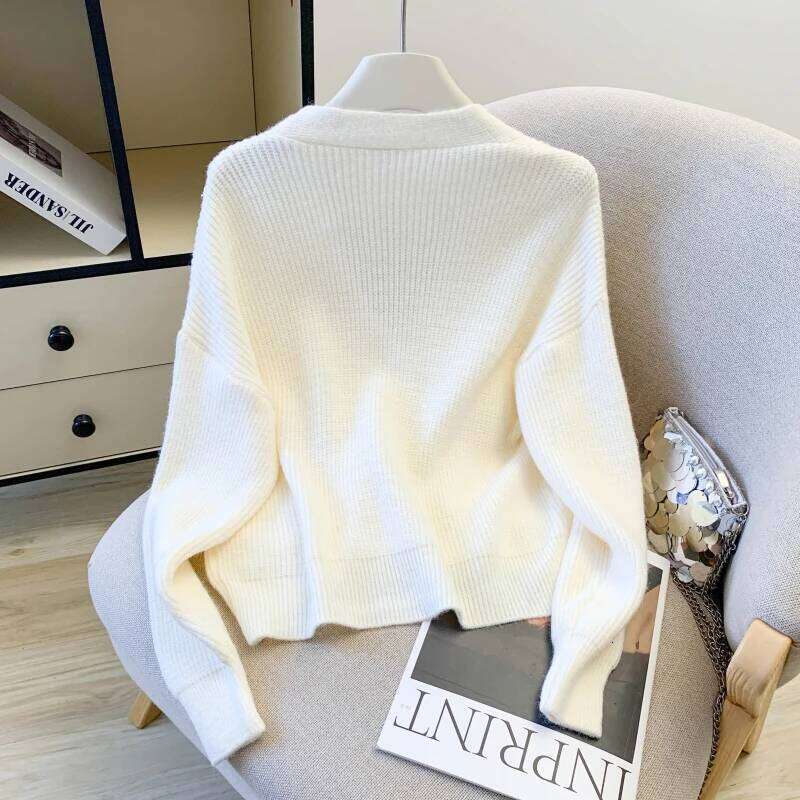 Autumn Winter White Sexy V-Neck Warm Sweater For Women Soft Retro Loose Long Sleeve Cardigan Knitted Tops Lady Z260313