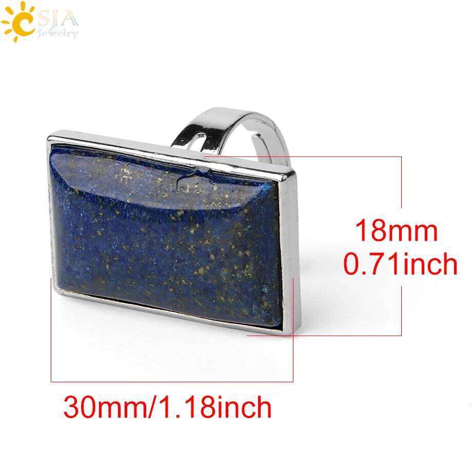 CSJA Rectangle Natural Stones Finger Rings Silver-color Adjustable Ring Healing Crystal Pink Quartz Women Statement Jewelry G456 H260312