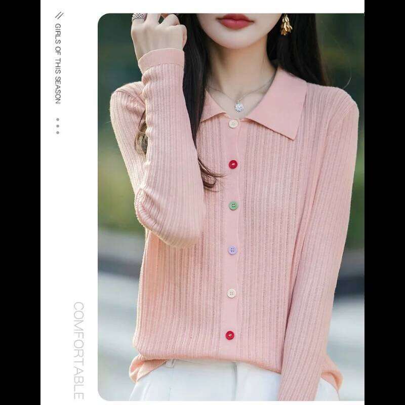 New Autumn Winter Polo Collar Casual Striped Sweater Versatile Long-sleeved Buttoned Cardigan Embroidered Jacket Z260313