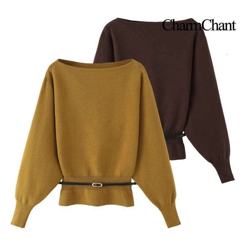 CharmChant Belted Waist Boat Neck Knit Sweater for Women Spring Autumn 2026 Cozy Knitwear Jumper Puff Sleeves Pullovers Woman Z260313