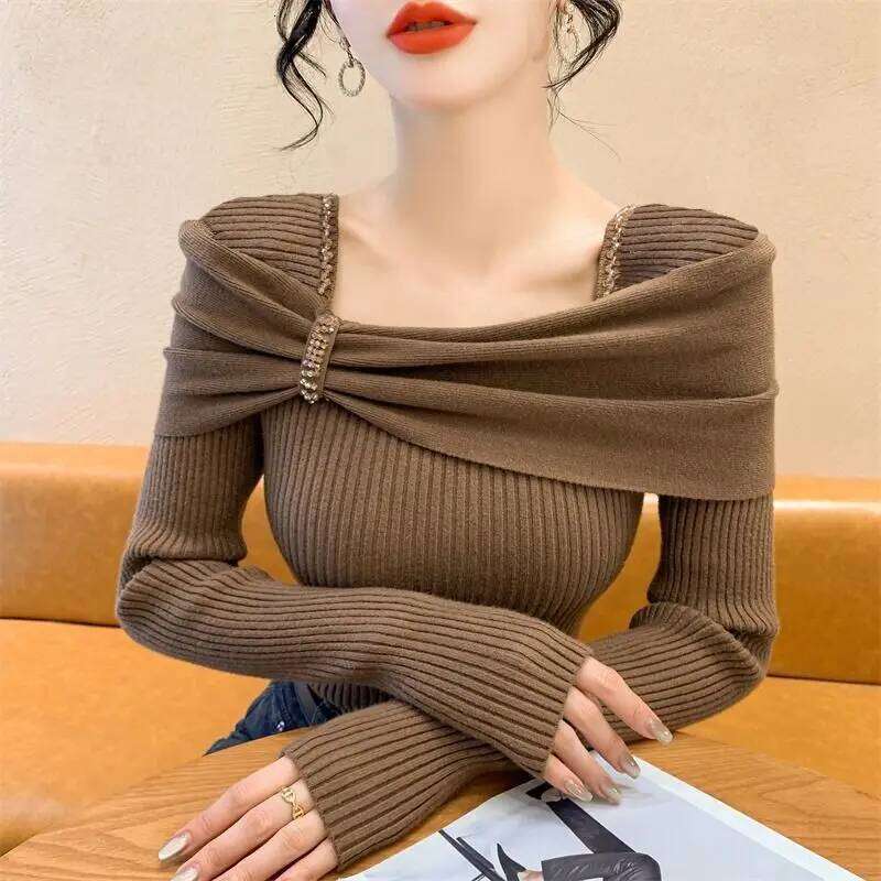 Spring Autumn Solid Color Square Collar Long Sleeve Fashion Sweater Women High Street Casual Slim Korean Style Flares Pullovers Z260313