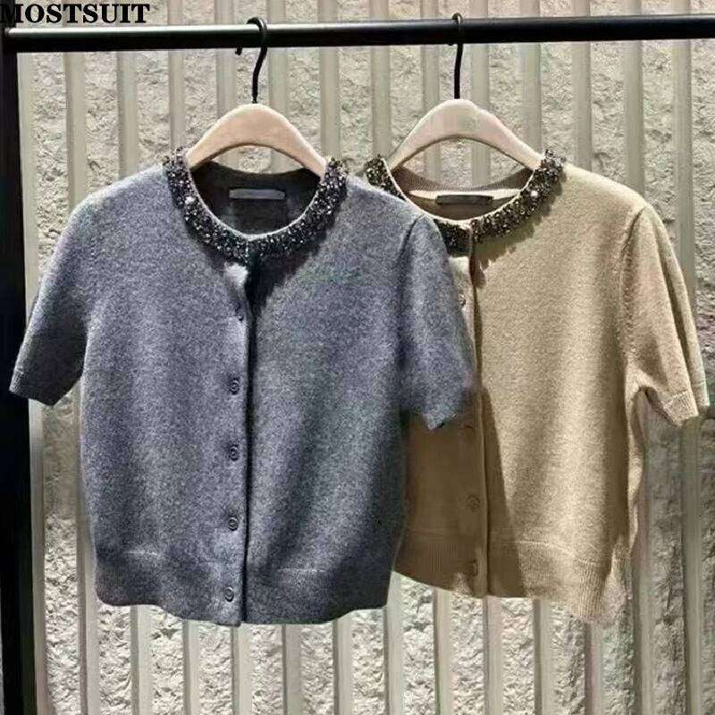 Summer Women's Sweater Cardigan Beading Short Sleeve Single-breasted Tops Tees Vintage Korean Fashion Ladies Jumpers Z260313