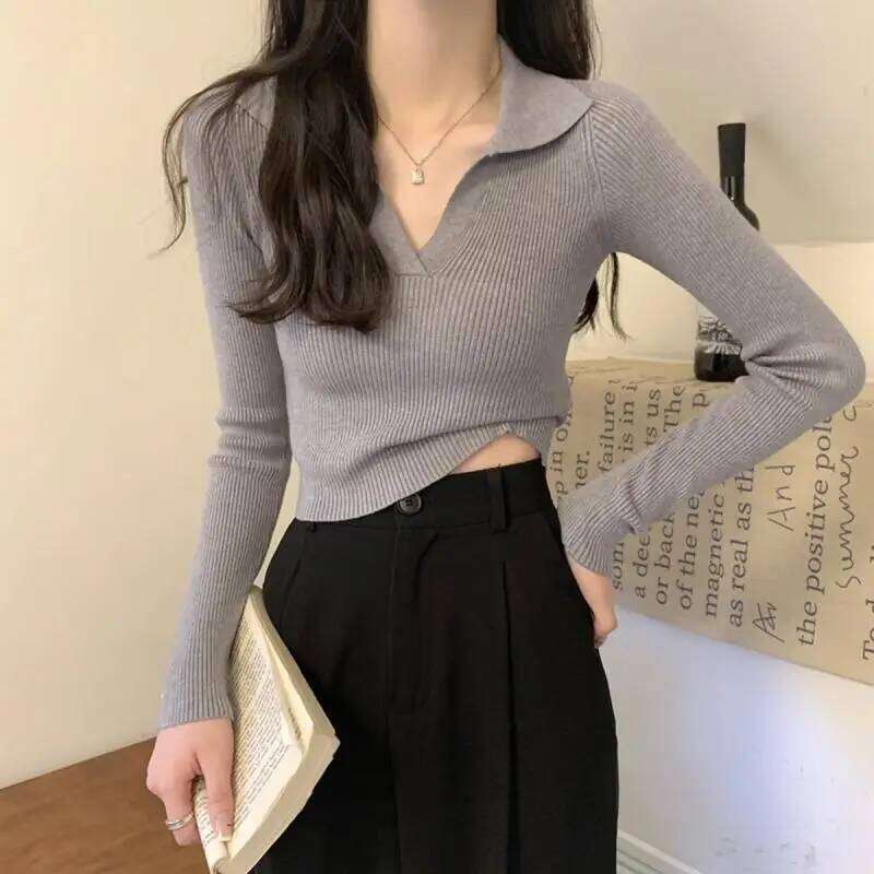 2024 Autumn New V-neck Inner Wear Women's POLO Neck Knitted Sweater Pullover Slim-fitting Long-sleeved Versatile Commuter Top Z260313