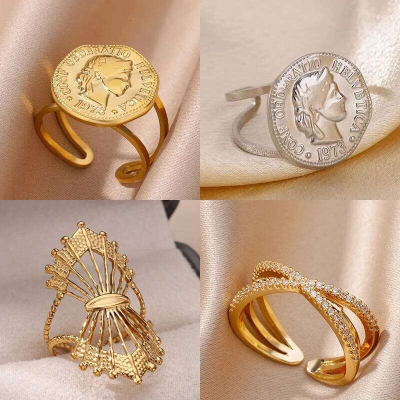 Stainless Steel Round Portrait Open Rings For Women Gold Color Adjustable Wedding Aesthetic Ring Party Fashion Jewerly Gift BFF H260312