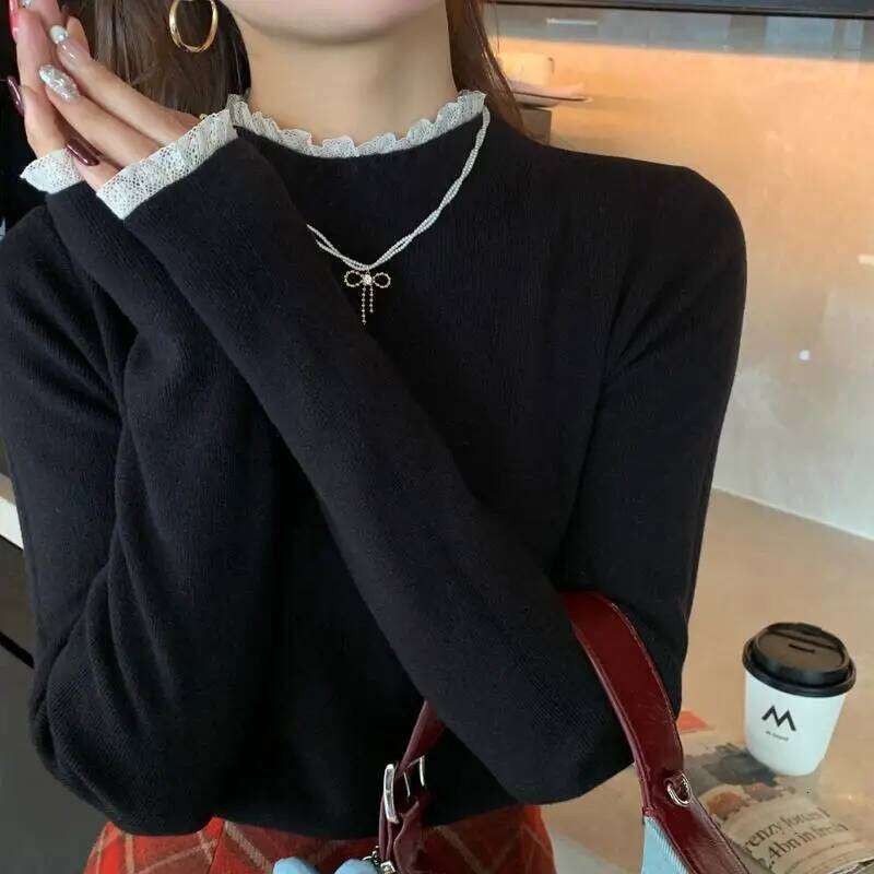 Korean Style Simple Base Layer Tops Womens Elegant Lace Trim Sweater Spring Autumn Grey Slim Fit Long Sleeves Pullovers Z260313