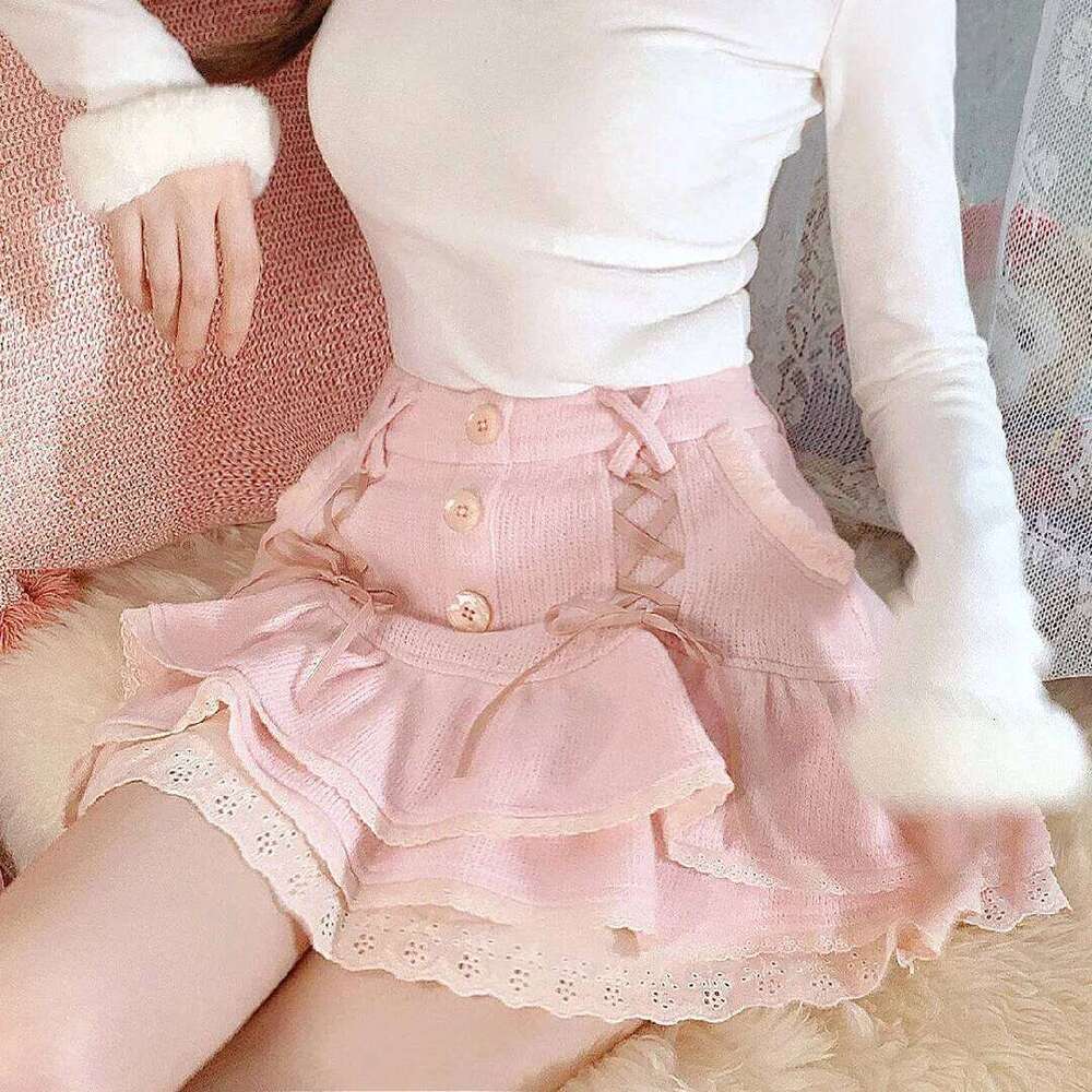 Japanese lolita kawaii clothes pink mini with shorts Lace High Waist korean style women 2025 new fall White skirt fluffy Z260314