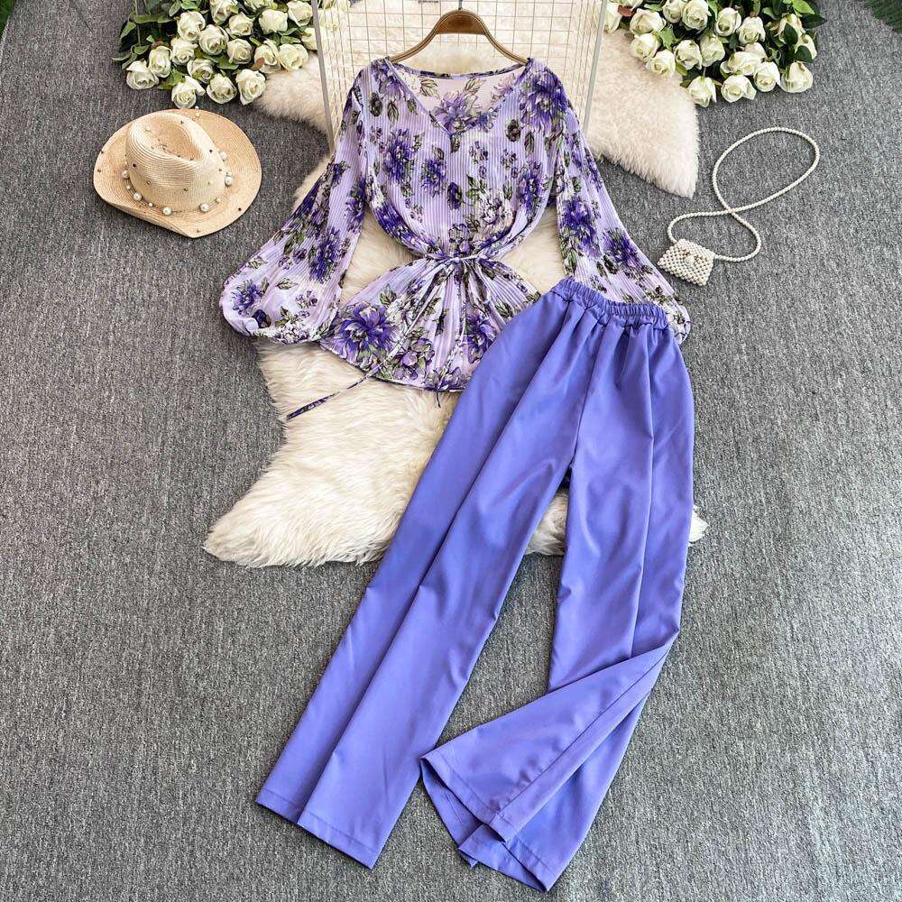 Designer ladies elegant mature style two-piece loose waistband flower pleated shirt high waist wide leg straight A13 leg suit pants