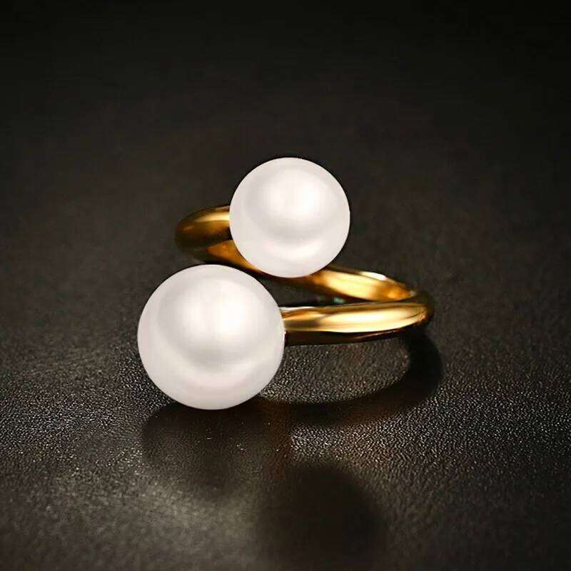 Meaeguet Fashion Gold-Color Simulated Pearl Rings For Woman Accent Bypass Open Stainless Steel Party Jewelry H260312