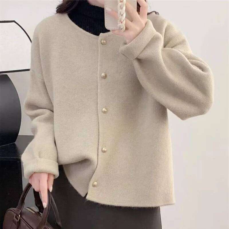Solid Color Simple O-Neck Knitted Jackets Women Korean All-Match Long Sleeves Cardigans Autumn Winter Single-Breasted Sweater Z260314