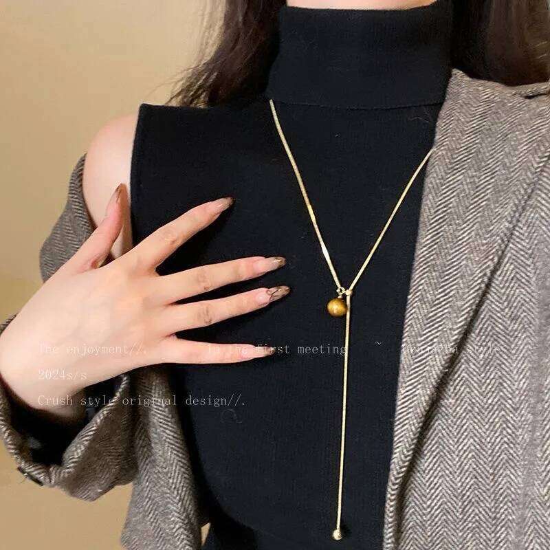 Maillard Tiger Eye Stone Tassel Necklace for Women, Autumn and Winter Vintage Style Fashion Chain, Niche Design Sweater Chain H260312