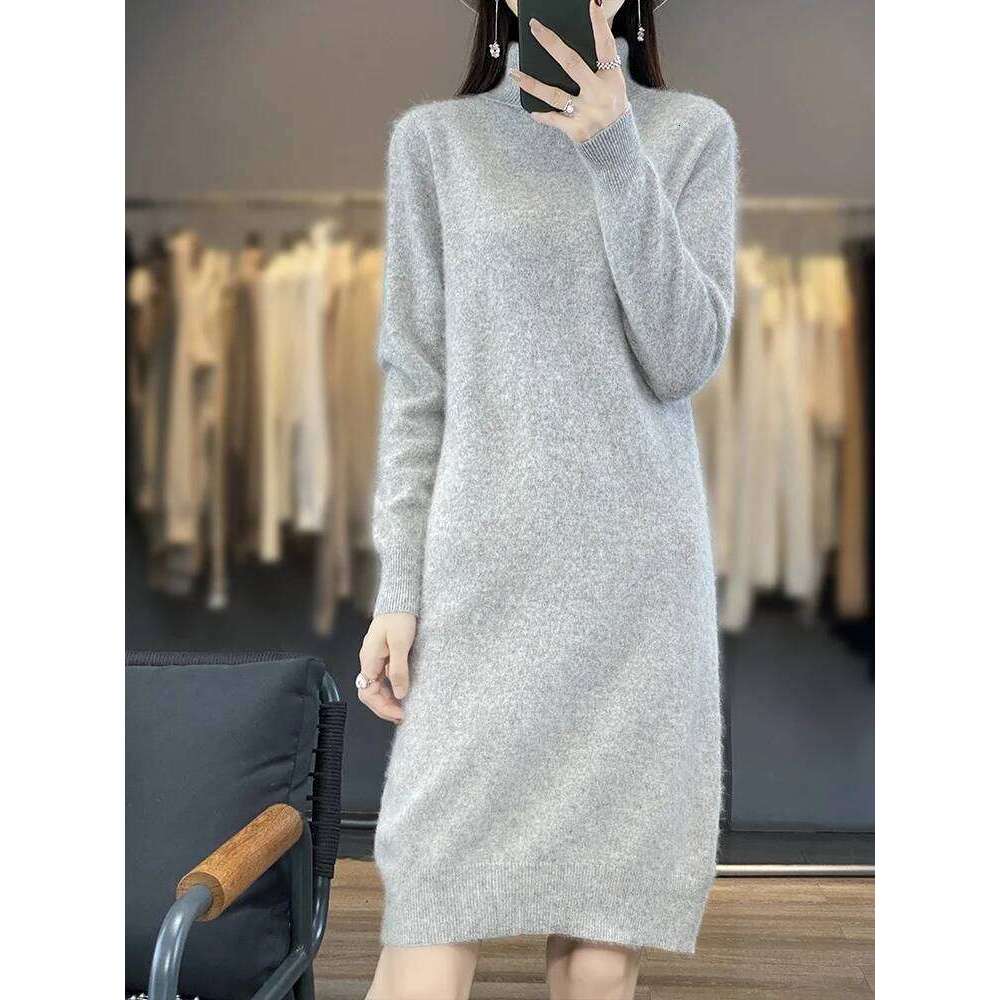 Aliselect 100% Mink Knitted Women High Lapel Fasion Sweater Pullover Turn-down Collar Cashmere Knee Length Dress Z260314