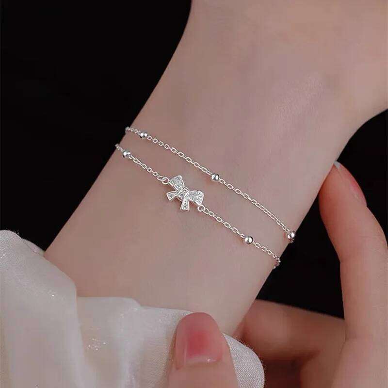 925 Sterling Silver Double Layer Bownot Bracelets For Women Vintage Korean Sparking Zircon Chain Bracelet Party Fine Jewelry Z260313