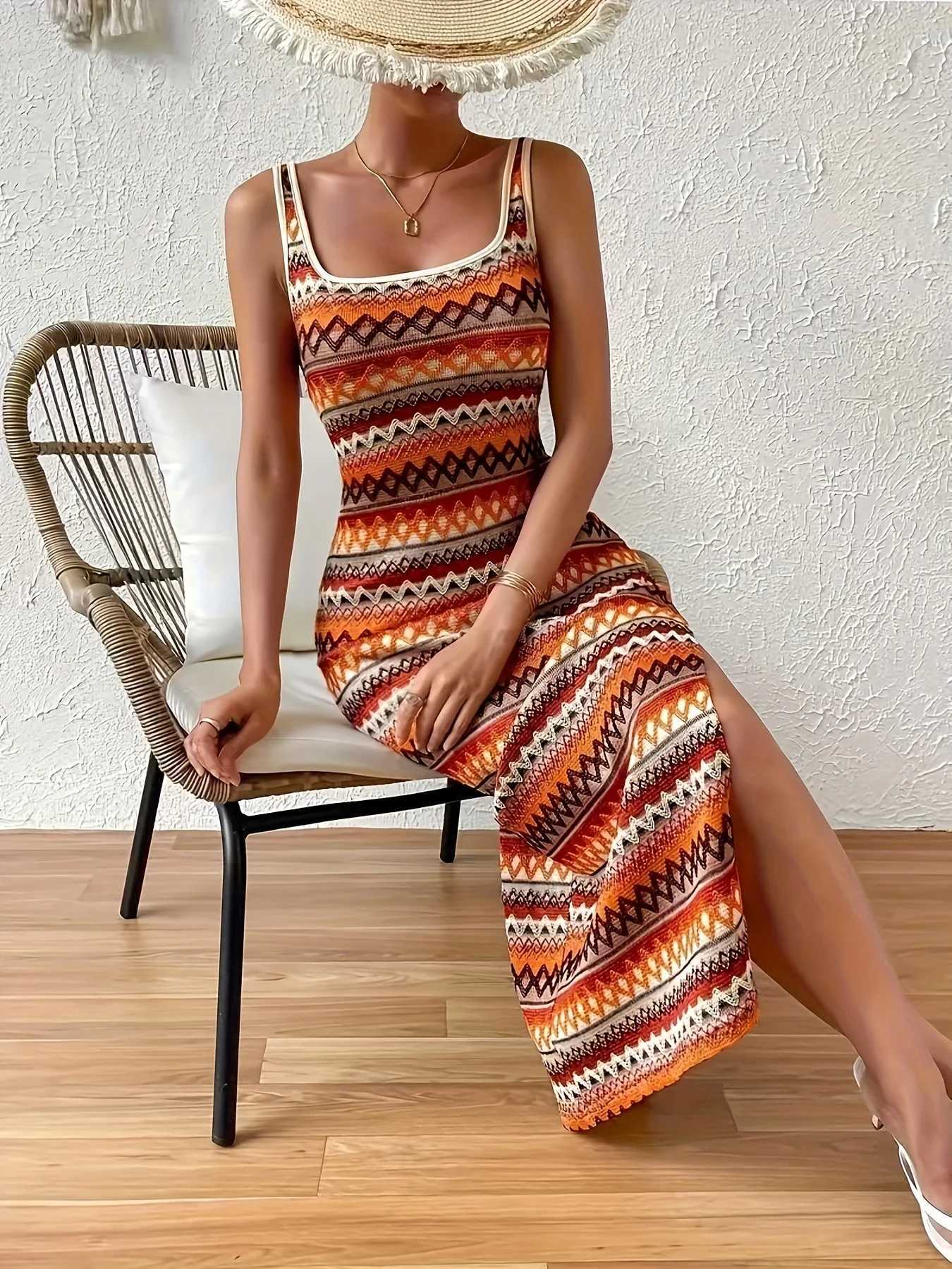 Geometric pattern tassel fashion simple dress elegant sleeveless slim dress spring and summer womenT260316