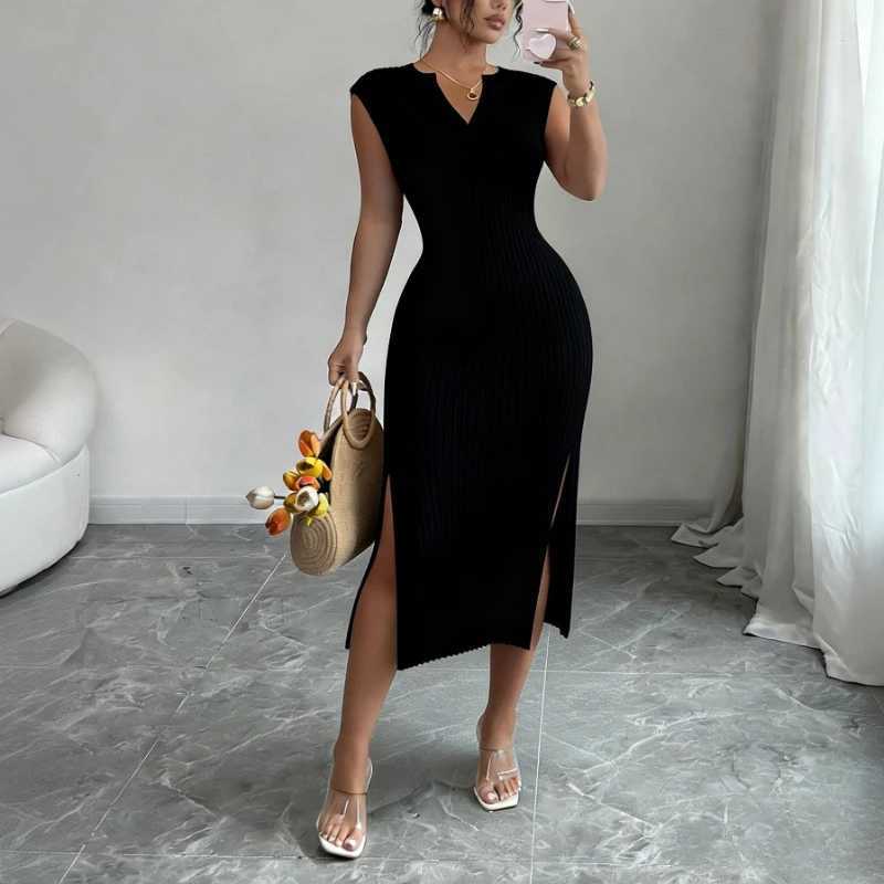 Womens White V-Neck Sleeveless Elastic Sundress Knit Bodycon Maxi Dress Solid Side Slit Casual Summer Daily Party Long DressT260314