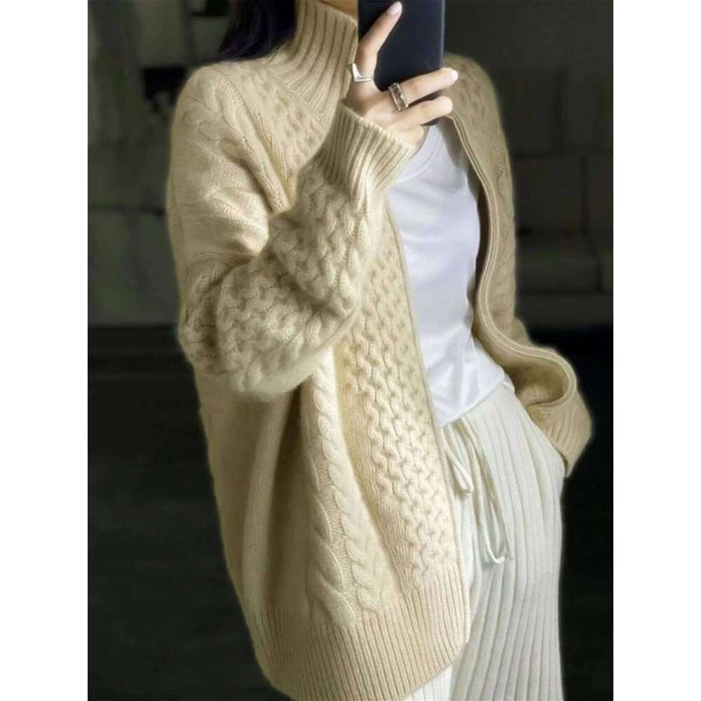 Women's Oversized Beige Cable Knit Sweater Casual Long Sleeve Half-Zip Pullover with Pockets Comfortable Knitwear Z260313