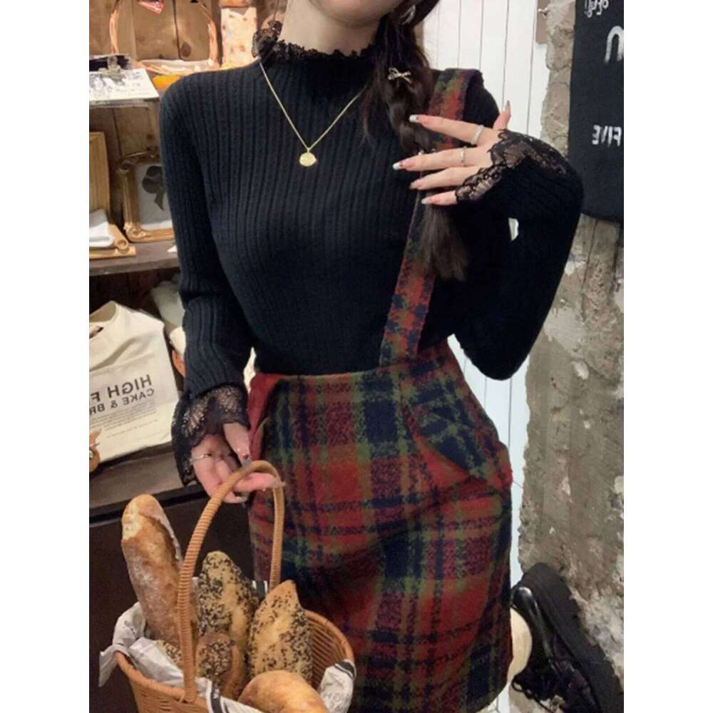 Spring Autumn Mock Neck Skinny Elastic Knitted Shirt Women Pullover Sweater Tops Female Long Sleeve Knit Patctwork Lace Shirts Z260313