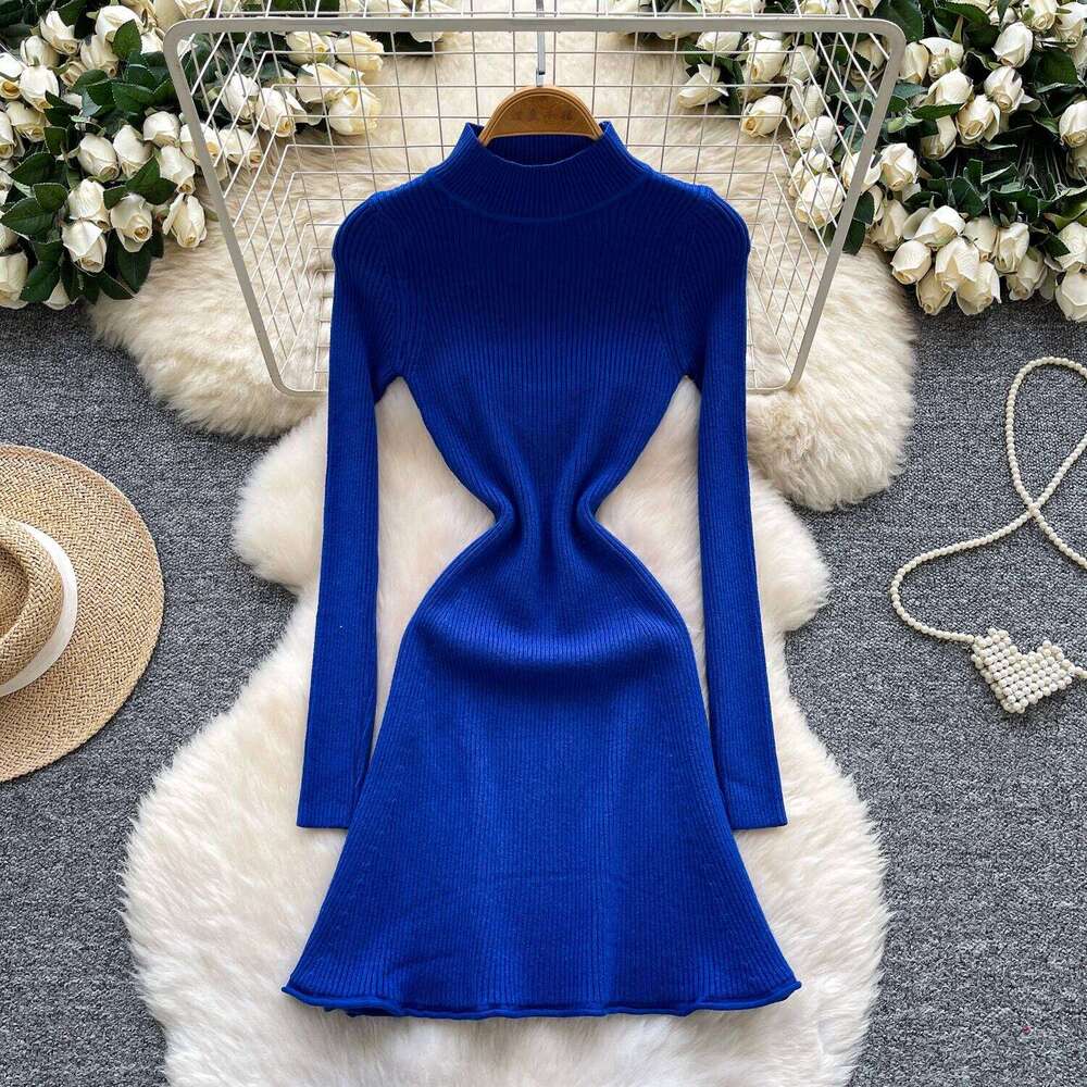 REALEFT Autumn Winter French Style Women's Knitted A-line Solid Long Sleeve Turtleneck Casual Bottom Wrap Dresses Female Z260313
