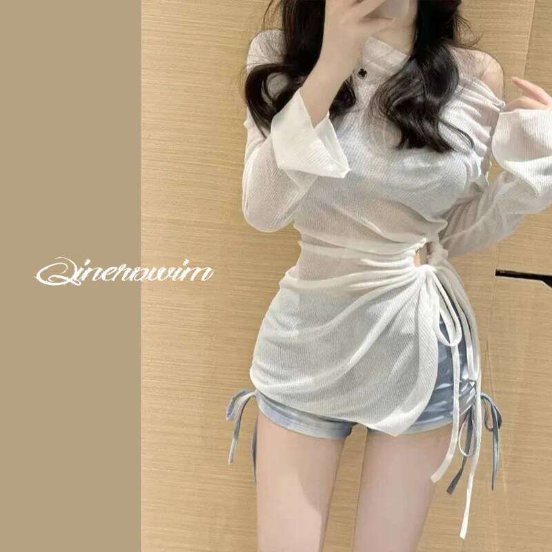 Women's New Swimsuit Tie Dye Blue Sunscreen Split Flat Angle Bikini Cover Three Piece Set for Vacation and Hot Spring Soaking 26H0313