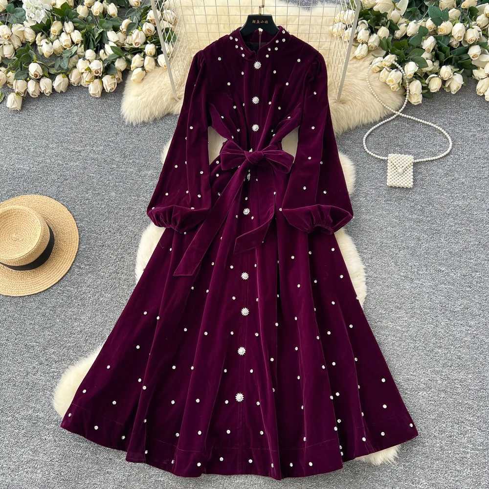 Women Rhinestone Lace Up Dresses Velvet Solid Dress A Line Lantern Sleeve Ankle Lenth Single Breasted Casual Elegant 2025 AutumnT260314