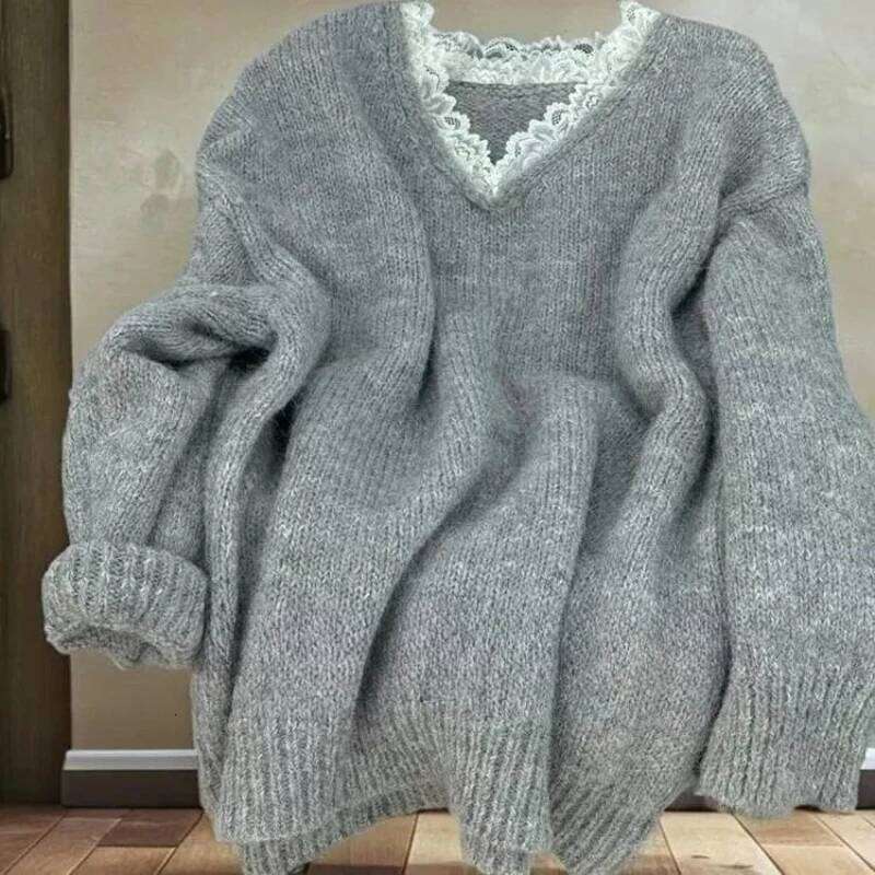 Elegant V-Neck Lace Patchwork Sweaters Women Fashion Office Lady Solid Loose-Fit Soft Knitted Pullover Z260313
