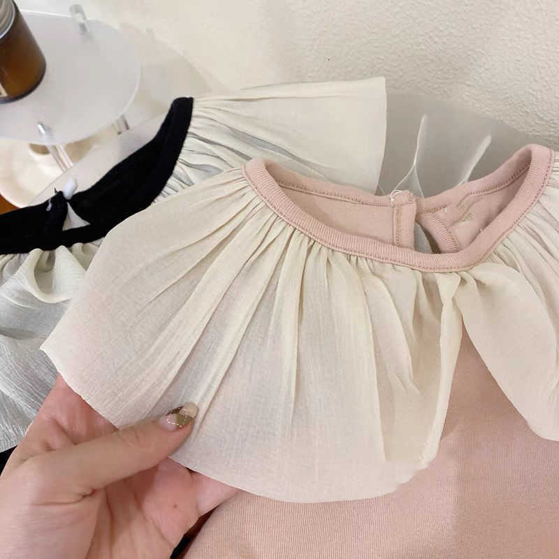 T-shirts Girls' Spring and Autumn Thin Long-Sleeve Sweet Princess Elastic Children's T-Shirt Top with Lace Collar Girls' Clothing