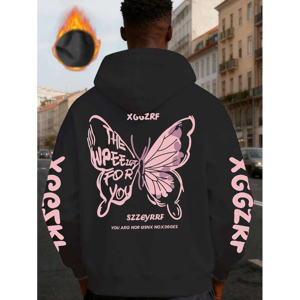 Butterfly Wing Print Trend Men Women Hooded Sweatshirt Autumn Winter Daily Outdoor Vacation Fitness Casual Loose Warm Sportswear Z260314