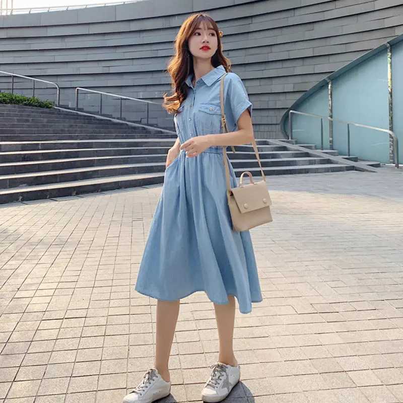 Lightweight Denim-Like Womens Dress Summer New Korean Style High-Waisted Button-Front Shirt Dress Versatile Casual Midi DressT260314