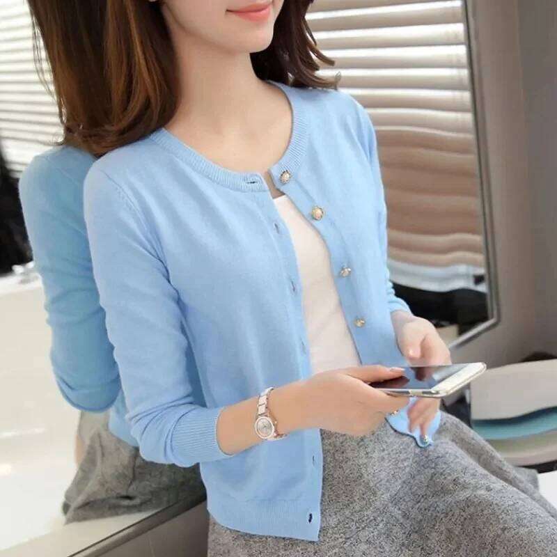 2025 Knitted for Women Cardigan Korean Single Breasted Long Sleeve Jumper Woman Round Neck All Match Cardigans Outwear Z260313