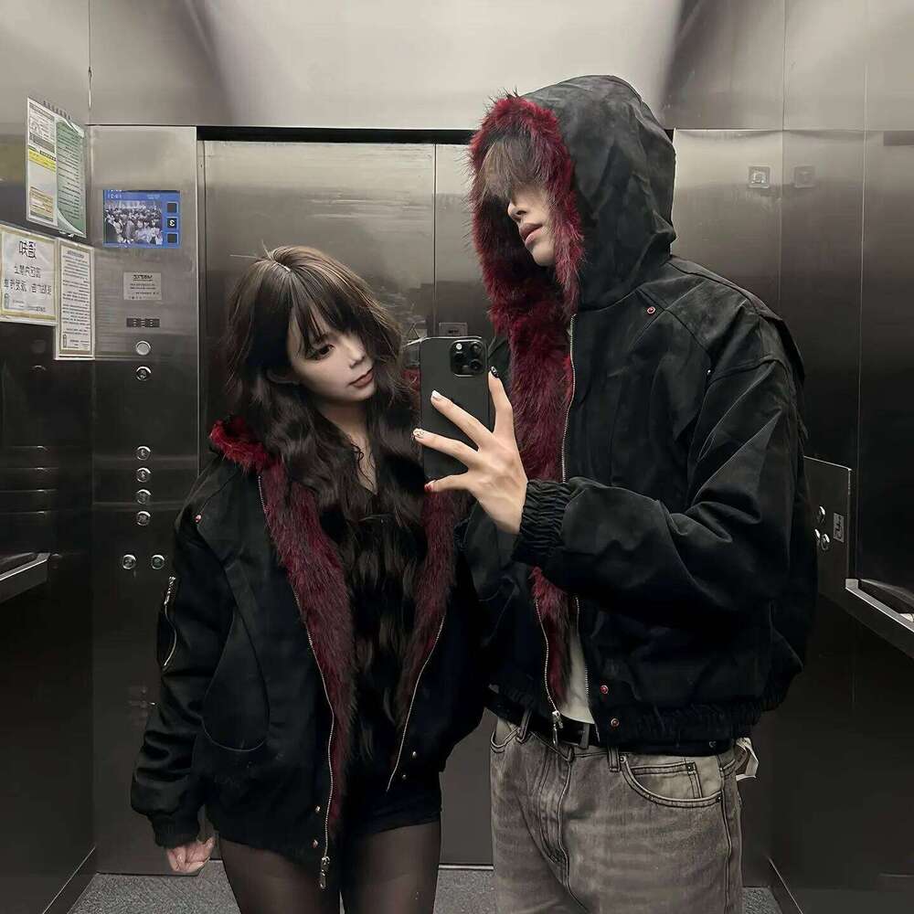 American Retro Mountain Sculpture Hooded Jacket Cotton Men Women PU Leather High-quality Winter Plus Velvet Short Wide Top Z260313