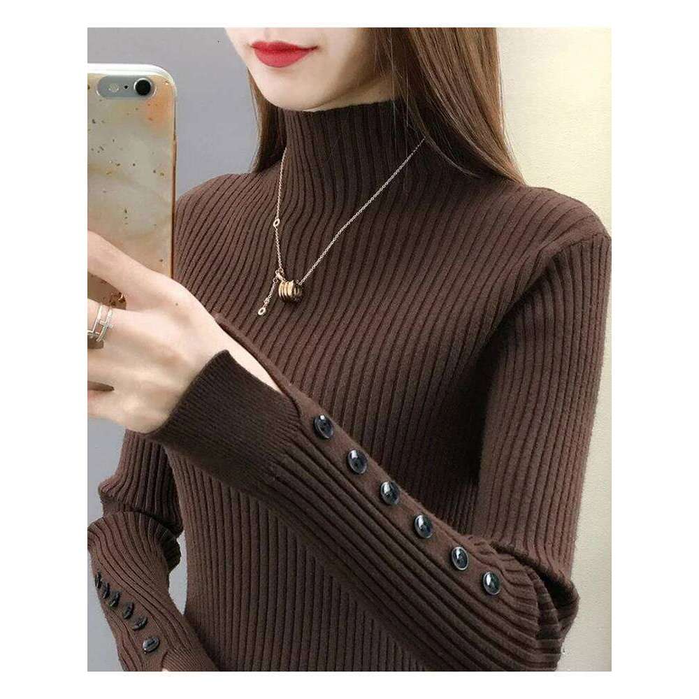 New Semi Turtleneck Women's Sweaters Pullover Korean Slim Warm Basic Knitwear Fall Brown Black Sweater Female Button S-Xl Z260313