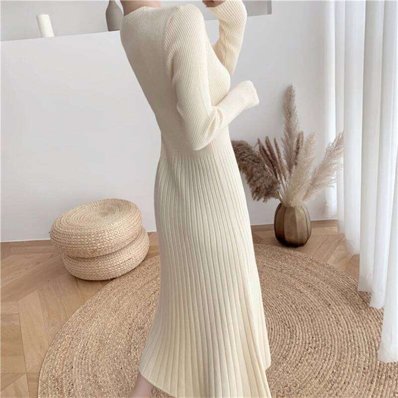 New Autumn Winter O-neck long sleeve knitted French Style high waist solid slim mid-length A-line sweater Dress Z260314