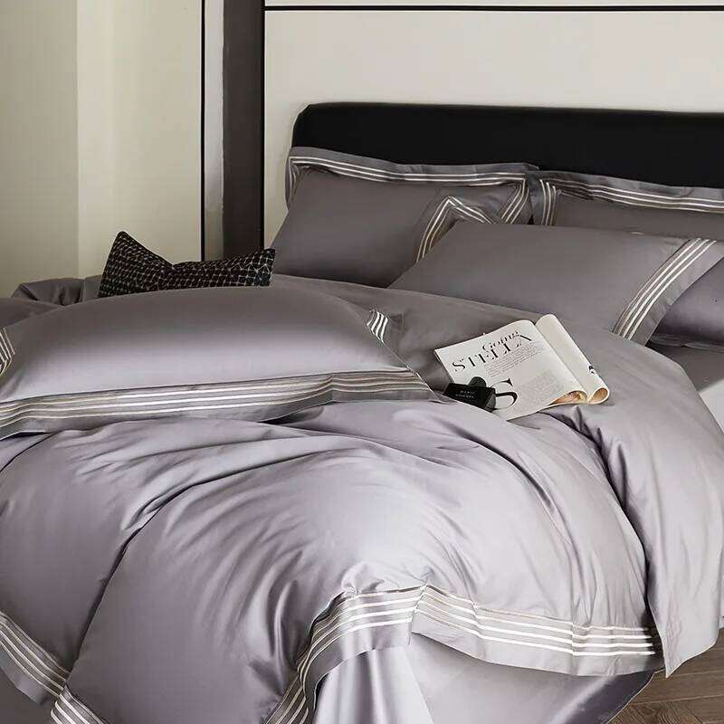 3 Line Embroidery Duvet Cover and 2Pillow Shams Set with Zipper Closure 100%Cotton 600 TC Premium Quality Ultra Soft Bedding set H260312 - view 4
