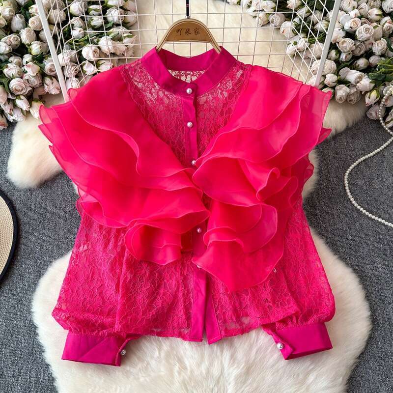 Spring and Autumn New Designer Lightweight Luxury Fairy Pink Ruffle Palace Noble Style Lace Shirt