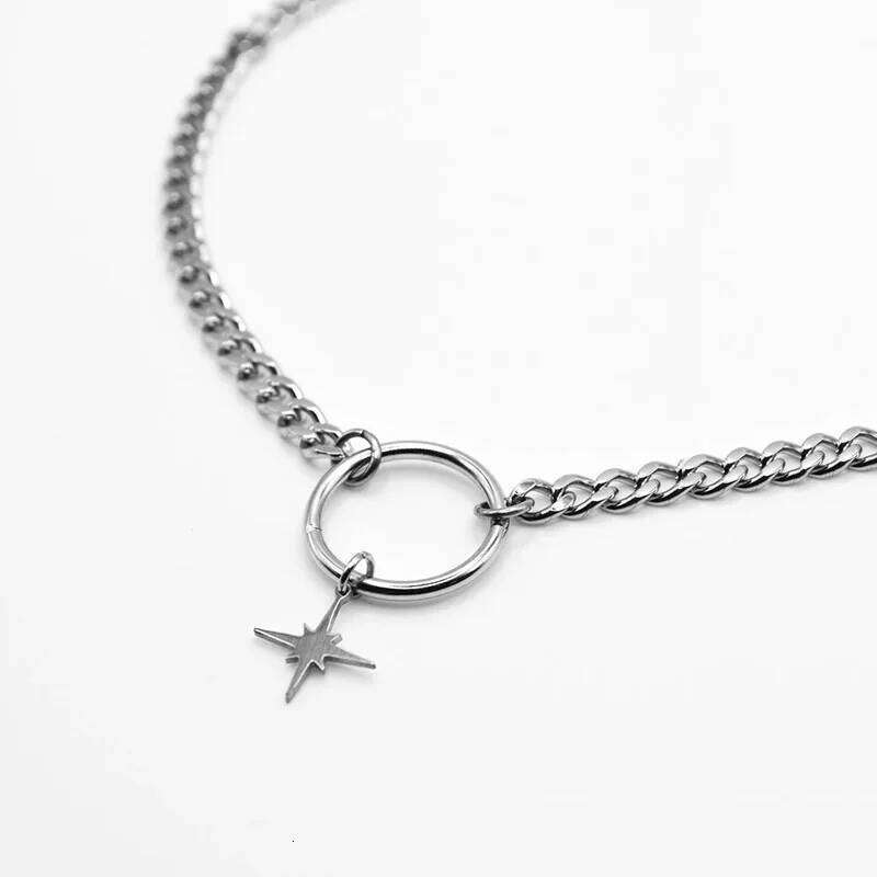 Gothic Punk Silver Color Star O-Ring Choker Necklace Stainless Steel Cuban Chain Necklaces For Women H260312