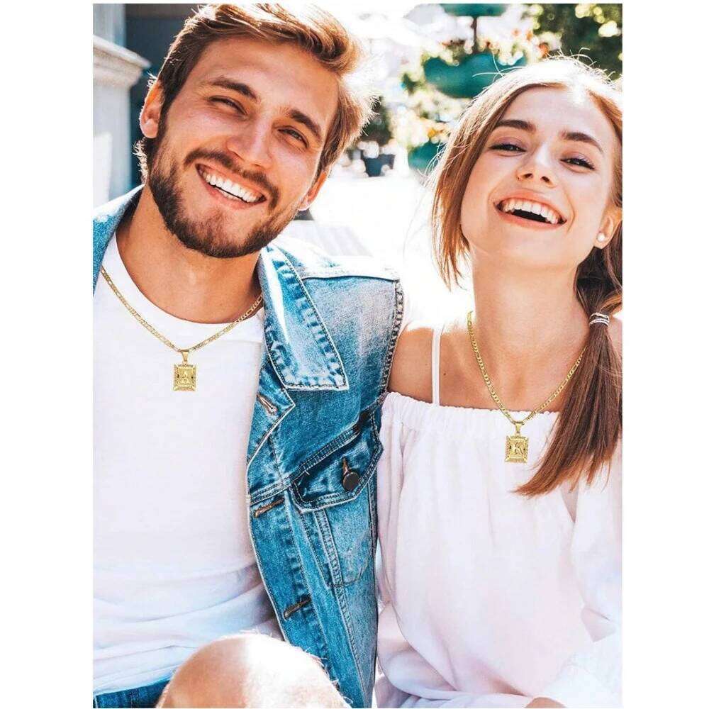 Initial Square Letter Pendant Capital Monogram Alhpabets From A-Z Figaro Chain Necklace H260312