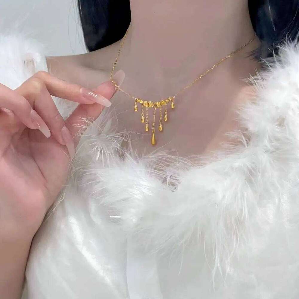 Golden Waterdrop Cat's Eye Tassel Necklace Women's Simple Versatile Sparkling Dancing Beads Lightweight Fashion Jewelry H260312