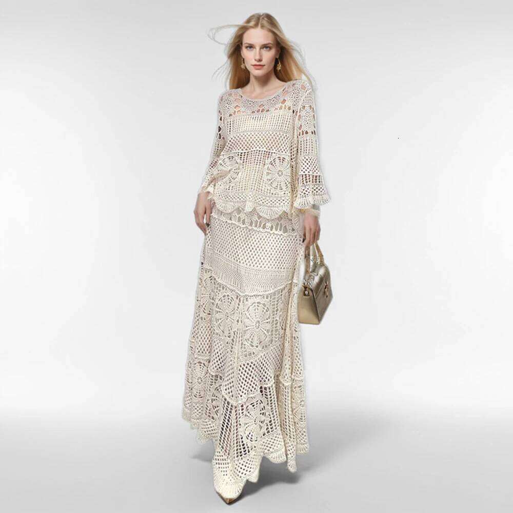 Casual Knitted Piece Set Women Hollowed Out Jacquard Spring Summer O Neck Flare Sleeved Pullover Elastic Skirt Beach Clothing MAKOUFEI