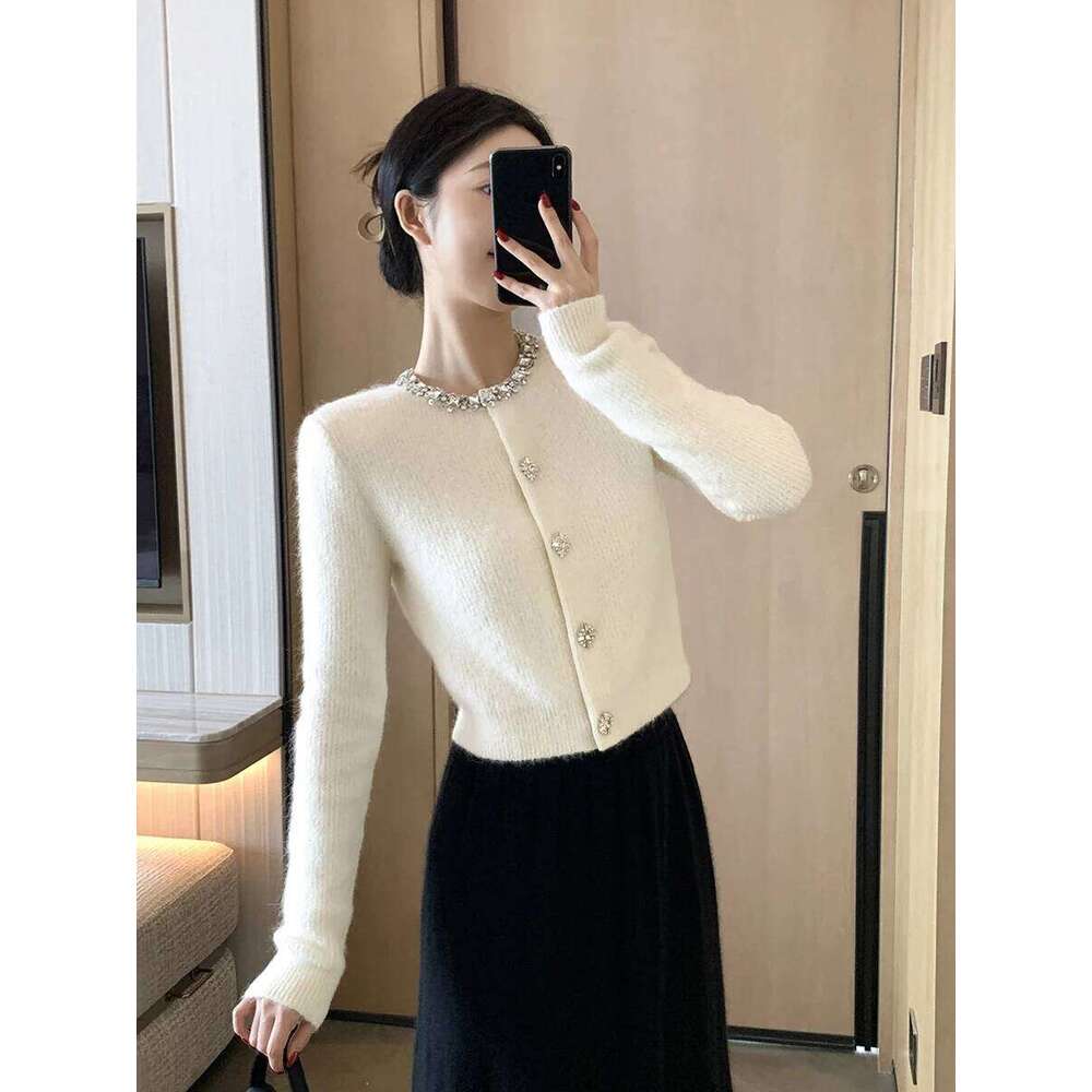 High-End Autumn Knitted Top Decorated Collar Anti-Aging Versatile Ele Sle Long Sve Round Ne Sweater Coat Z260313