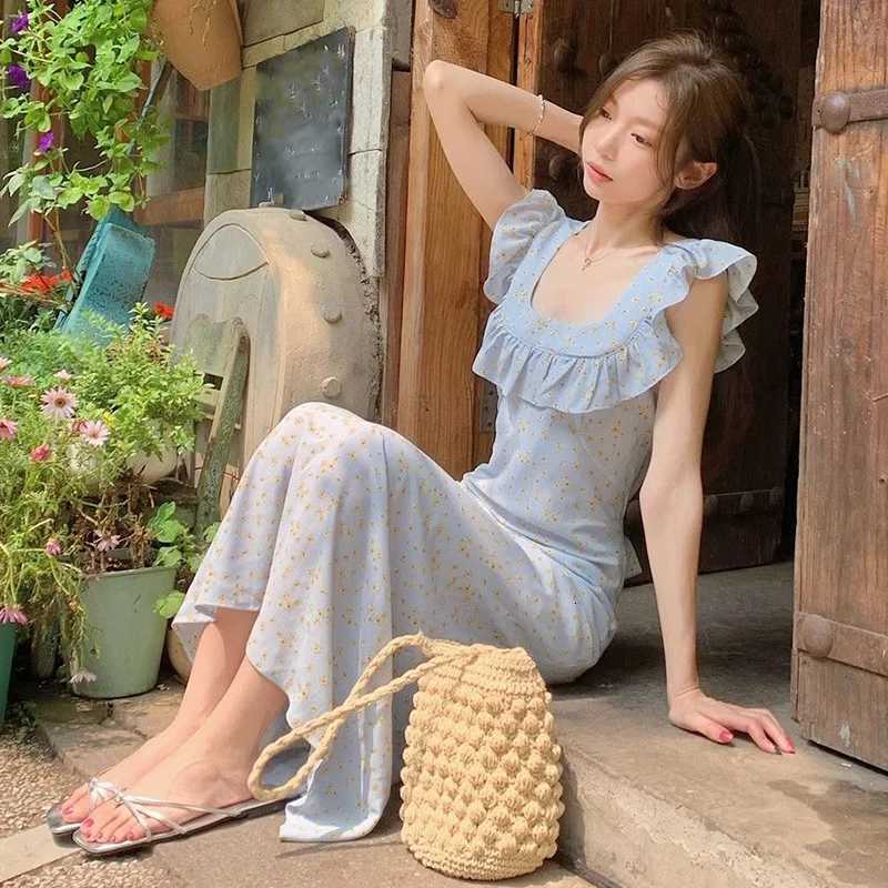 Women Elegant Baby Blue Floral Maxi Dress Lady Feminine Ruffle Trim Square Neck A-Line Dress Female Prairie Chic Party DressT260316