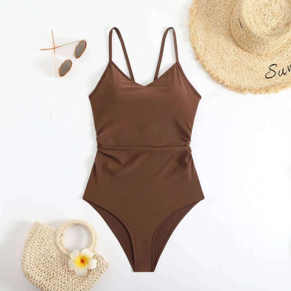 Women solid back hollow out ring swimsuit one piece bikinis Swimwear high waist bathing suit beach outfits bodysuit biquini Y260303