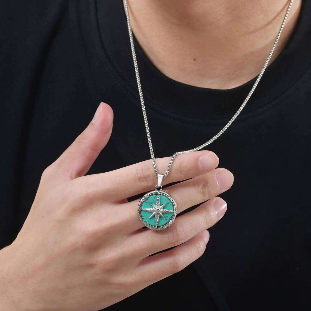 Stylish Natural Stone Necklace for Men,Eight-pointed Star Round Pendant Necklace,Cool Punk Birthday Father Gifts H260312
