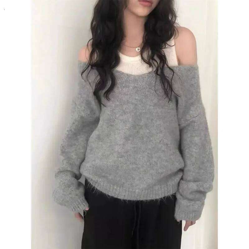 Korean Fashion 2025 Autumn Knitted Sweater Women Casual Y2k Clothing Slim Sexy Off-shoulder Pullover American Vintage Jumpers Z260314