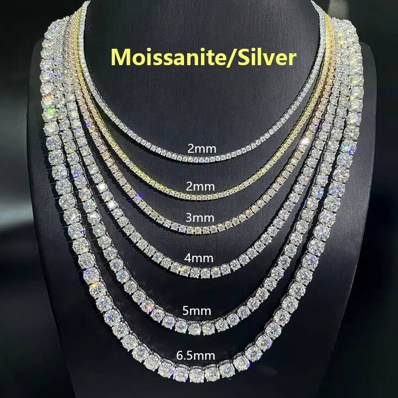 Cheap Price Moissanite Hiphop Necklace 2mm 3mm Iced Out Diamond Tennis Chain 925 Sterling Silver 4mm 5mm Moissanite Tennis Chain