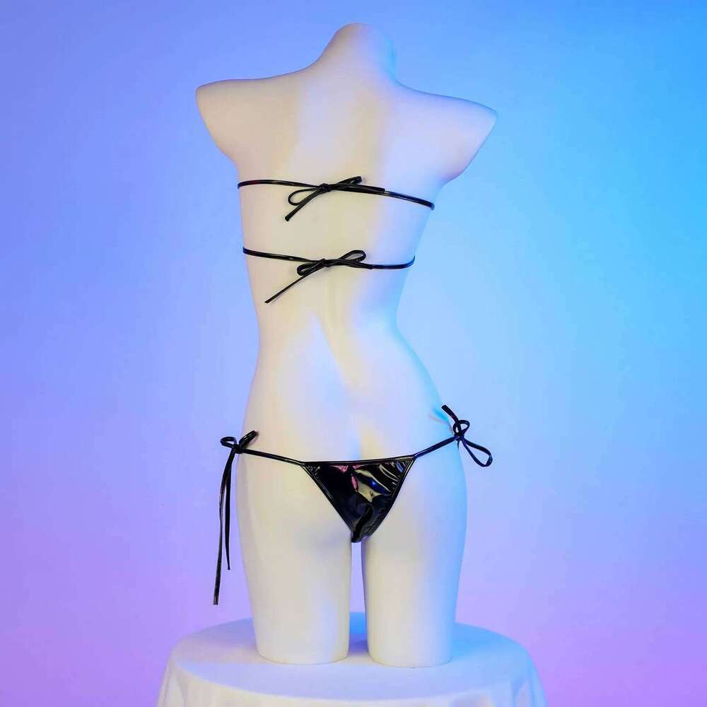 Mouth Printed Bikini Black Lacquer Leather Bandage Swimsuit Cosplay Women Anime Underwear Set Costume Y260303