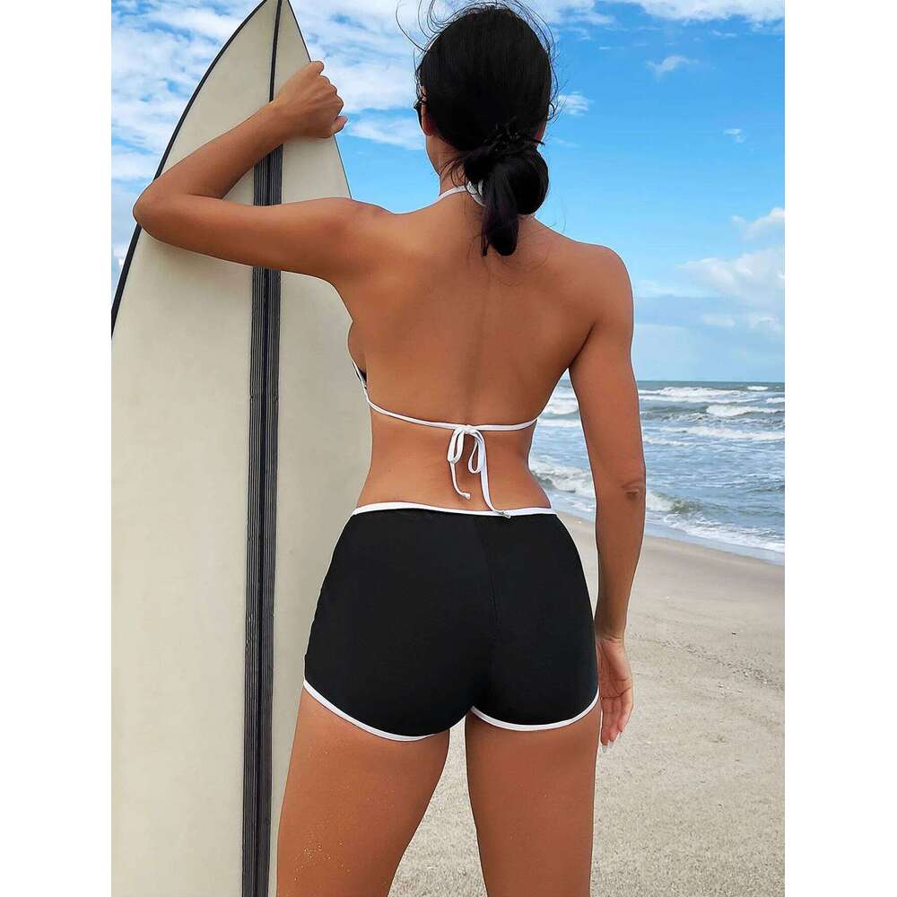 Bikini Set Black High Waist Swimsuit for Women Color Contrast 2-piece Sexy Deep V Suspender Backless Beach Bathing Suit Swimwear Y260303